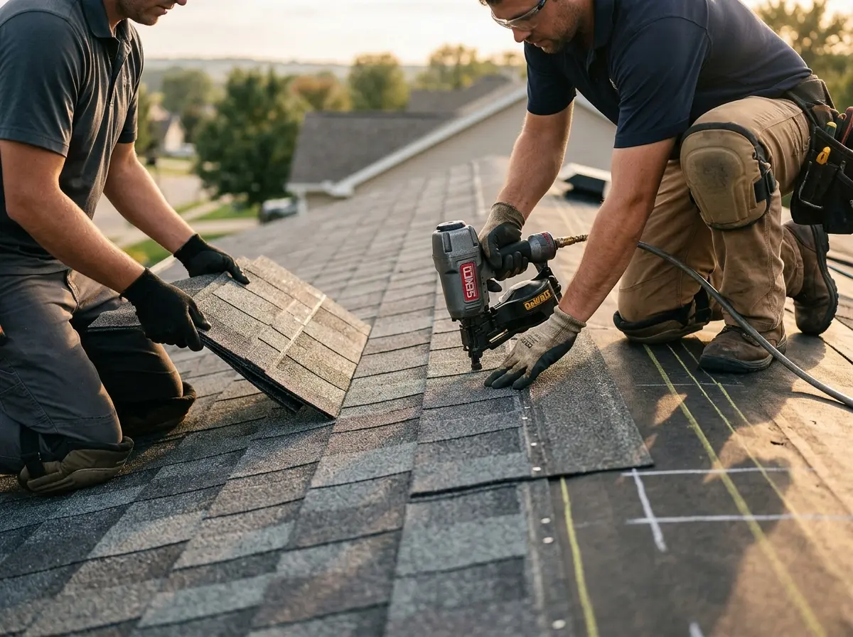 Professional roofer working on a residential roof in Easton